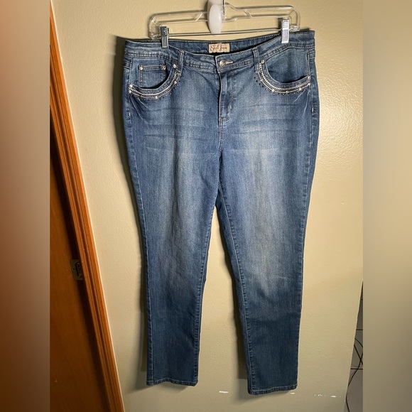 Y2K Vintage 2000’s Earl Jean Denim Embroidered Bedazzled Pocket Jeans Size 16 - Picture 1 of 5